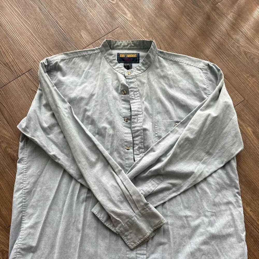 Gulf Traders Gray Button Up Shirt Mens Medium Long Sleeve Casual Cotton